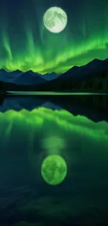 Northern Lights reflecting over a tranquil lake and mountains at night.