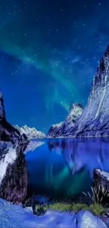 Beautiful night scenery with Northern Lights over snowy mountains and blue sky.