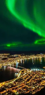 Northern Lights illuminating a vibrant cityscape at night.