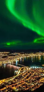 Vibrant northern lights over cityscape with green and blue hues illuminating the night.