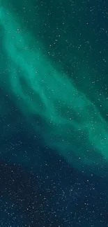 Green aurora lights in starry night sky wallpaper.