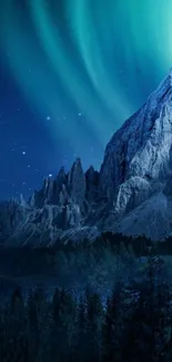 Northern Lights over a mountain landscape with a starry night sky.