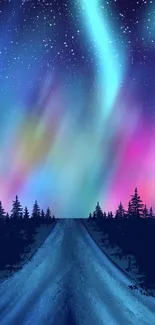 Vibrant northern lights over dark forest at night, perfect for mobile wallpaper.