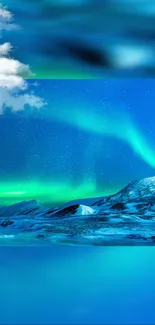 Vibrant Northern Lights over snowy hills and starry sky.