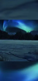 Northern Lights casting vibrant colors over a tranquil, snowy landscape at night.