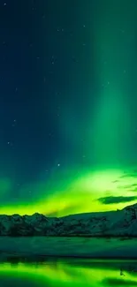 Northern Lights wallpaper with green auroras over snowy mountains at night.