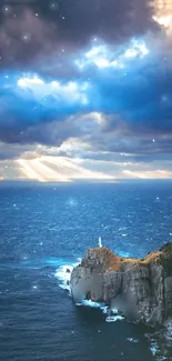 Scenic ocean cliff with a lighthouse under a dramatic cloudy sky.