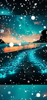 Fantasy ocean scene with glowing waves, butterflies, and snowflakes.