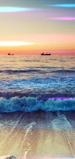 Beautiful ocean at sunset with calming waves hitting the beach shore.