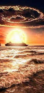 Sunset cruise ship wallpaper with orange sky.