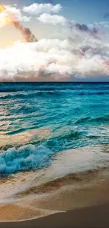 Beautiful ocean sunset with vibrant waves and a colorful sky on the beach.