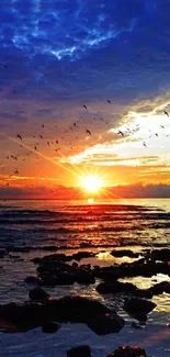 Vibrant sunset over the ocean with birds in flight and colorful sky.