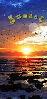 Beautiful sunset beach with flying birds and vibrant colors.