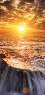 Glorious ocean sunset with waves crashing on rocks.