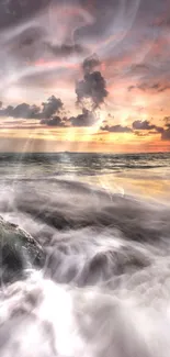 Majestic ocean sunset with vibrant clouds and flowing waves.