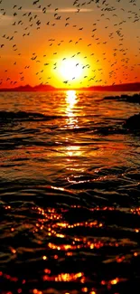 Stunning sunset over ocean with vibrant orange reflection and birds flying.