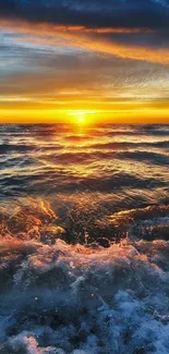 Golden ocean sunset with vibrant waves crashing.