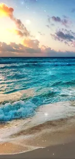 Beautiful ocean sunset with waves and a sandy beach, perfect for wallpaper.