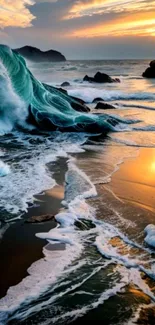 Ocean waves crashing at sunset over rocks and sandy shore.