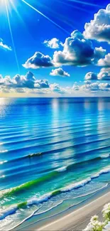 A vibrant ocean view with blue skies and calming waves.