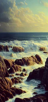 Dramatic ocean scene with waves crashing on rocky coast.