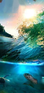 Stunning ocean wave with turtles and sunlight in green-blue hues.