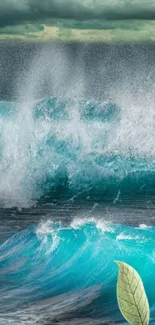 Majestic ocean waves beneath a cloudy sky.