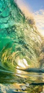 Vibrant ocean wave crashing with turquoise and golden hues.