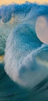 A mesmerizing ocean wave captured at sunset, highlighting the curl of the wave.