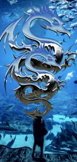 Metallic dragon art with ocean background in vibrant blue tones.