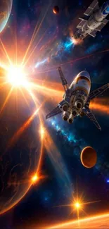 Vibrant space wallpaper with rockets exploring planets and cosmic elements.