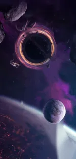 Outer space wallpaper with planets and a black hole.