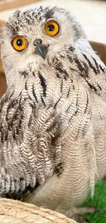 Gray owl with bright orange eyes on green background.