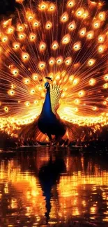 Vibrant peacock with dazzling open feathers reflected in water.