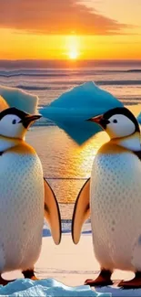 Two penguins stand by an icy sunset, vibrant colors highlight the serene scene.