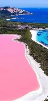 Mobile wallpaper of a stunning pink lake with lush greenery and blue waters.