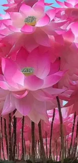 Pink lotus flowers under blue sky, vibrant and serene.