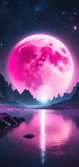 Pink moon over water with starry sky.