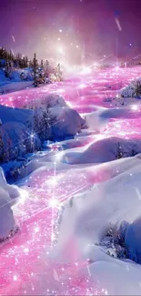 Pink sparkling snowy landscape mobile wallpaper.