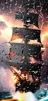 Pirate ship in storm with rain and lightning mobile wallpaper.