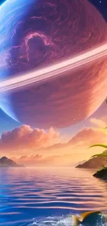 Fantasy planet with vibrant colors over water.