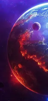 Colorful space wallpaper with a planet and purple galaxy background.