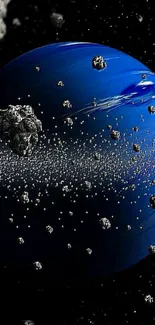 Blue planet with surrounding asteroids in space wallpaper.