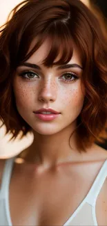 Portrait of a woman with auburn hair and freckles, perfect for mobile wallpaper.