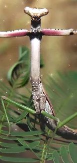 Praying mantis perched on green leaves in nature.