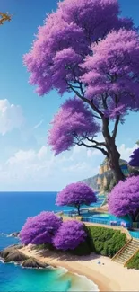 Vibrant purple trees overlooking a serene beach.