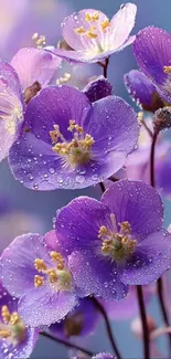 Purple flowers with dew drops, close-up view.