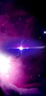 Purple galaxy wallpaper with starburst and cosmic elements.