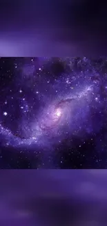 Purple galaxy with bright stars and swirling cosmic patterns.