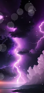 Dramatic purple lightning over a serene landscape at night.